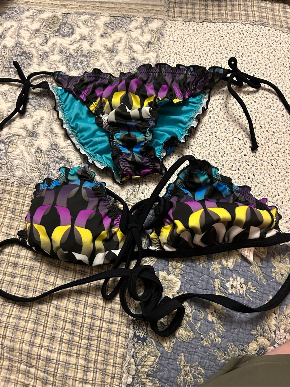 Hurley Multicolor Ruffle Tie-Side Bikini Set in Purple, Teal, Yellow & Black